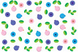 Illustration, pattern of absterct blueberry with leaves on white background.