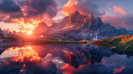 Wall Mural - sunset mountainscape, with rugged peaks towering above a tranquil alpine lake