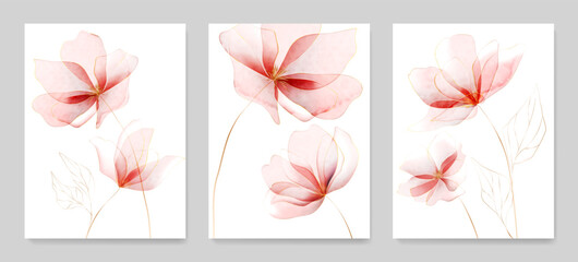 floral art background with pink flowers in transparent watercolor style with golden line elements. b