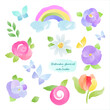 Watercolour flowers and rainbow set with  vector brushes, hand drawn elements, summer, vector illustration