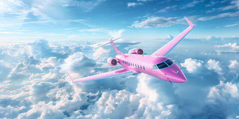 Wall Mural - Luxury pink private jet flying above the sea of clouds and rainbow. Summer holiday theme background