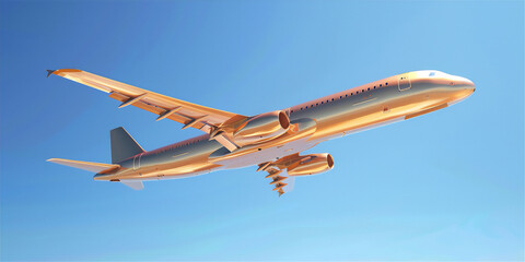 Wall Mural - Golden airplane in flight against blue sky 