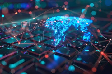 Keyboard and virtual screens displaying global network connections and digital data flow