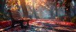 © 일 박 - 붉은 나뭇잎과 햇빛이 떨어지는 무성한 공원 벤치 풍경