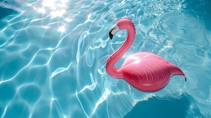 Wall Mural - Top view of shadow on pool water surface with a inflatable pink flamingo floating in the water. Beautiful abstract background concept banner.