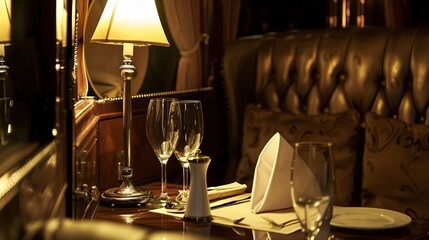 Poster - Luxury train car, close-up of plush seats and elegant table setting, ambient light 