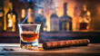 Whiskey with cigar on old wooden table and bar background.