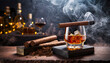 Whiskey with cigar on old wooden table and bar background.