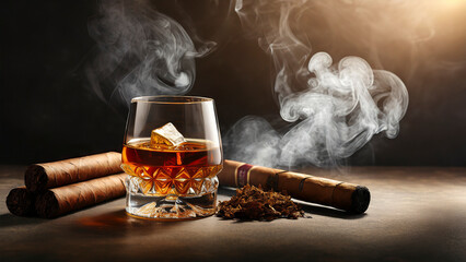 Whiskey with cigar on old wooden table and bar background.