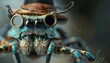 A closeup halfbody of a charismatic arachnid with a monocle and bowler hat, against a moody grey, colorful strange bizarre sharpen blur background with copy space