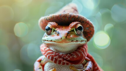 Wall Mural - A closeup halfbody of a charismatic amphibian sporting a hipster hat and scarf, displayed against a soft green, colorful strange bizarre sharpen blur background with copy space