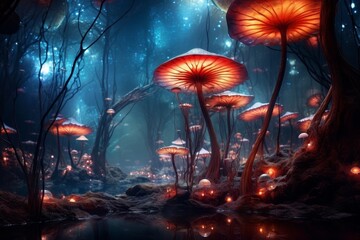 Wall Mural - Magical mushroom forest landscape with glowing fungi