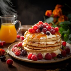 Wall Mural - Delicious stack of pancakes with fresh berries and syrup