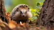 Cute hedgehog peeking out from behind tree trunk