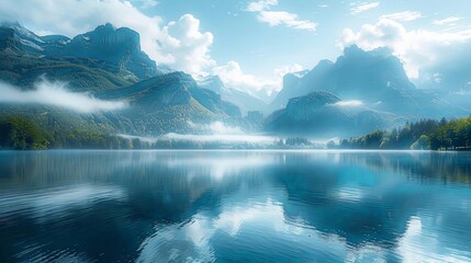 Wall Mural - best nature photos for your desktop background a serene mountain landscape with lush green trees under a clear blue sky with a single white cloud