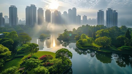 Wall Mural - cities with green urban parks surrounded by lush green trees and calm waters, with tall buildings in the background and a white and blue sky above