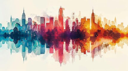 Wall Mural - cityscape kaleidoscope featuring a towering skyscraper, a bustling street, and a serene river flowing through the center