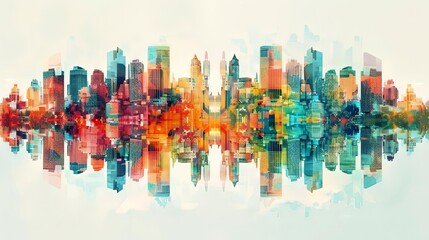 Wall Mural - cityscape kaleidoscope featuring a towering skyscraper, a bustling street, and a serene river flowing through the center