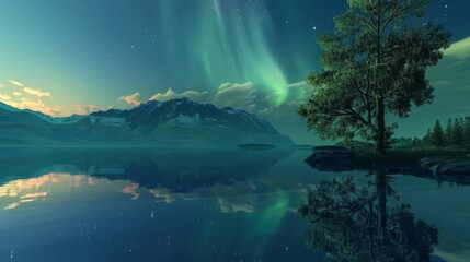 Wall Mural - A serene aurora dance over tranquil mountain lake