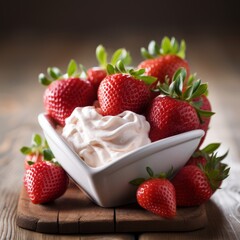 Wall Mural - Fresh strawberries with whipped cream in a white bowl