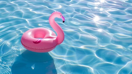Wall Mural - water level view of shadow on pool water surface with a inflatable pink flamingo floating in the water. Beautiful abstract background concept banner.