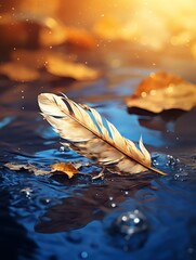 Wall Mural - Feather floating on shimmering water