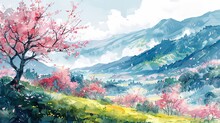 Fascinating Spring Landscape Featuring A Vibrant Red Tree And A Majestic Blue Mountain