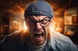 Angry man with glasses and cap yelling