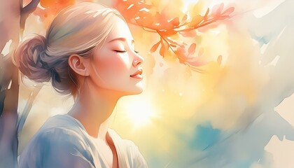 Wall Mural - soft watercolor style, meditation, calm face, person is on left the corner, slightly face down, half of body shot, strong sunlight on the part of face