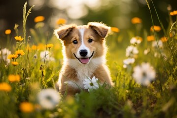 Canvas Print - Adorable puppy in a field of flowers