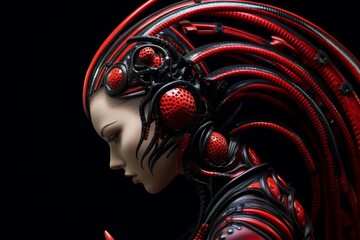 Poster - Futuristic cyborg woman with red and black robotic headgear