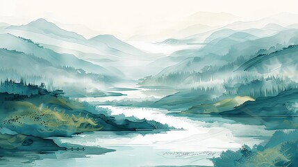Wall Mural - meandering river landscapes featuring a large tree and a white sky