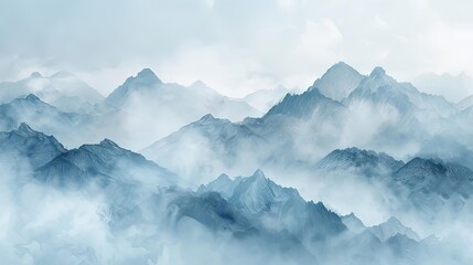 Wall Mural - mystical mountain mists rise above a serene blue and white sky