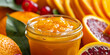 the homemade orange jam in the glass jar is surrounded fresh sliced orange, generative AI