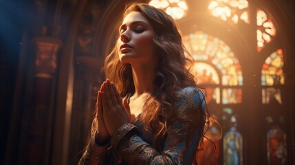Devout woman praying with eyes closed in a beautifully adorned church