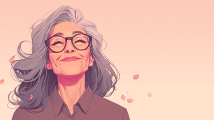 Wall Mural - A woman with glasses is smiling and looking up at the camera