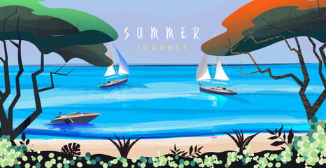 Wall Mural - Summer poster, banner, holiday cover, card. Trendy summer design with watercolor sea, landscape, palm, beach, yachts and typography. Summer holidays, vacation, travel vector illustration. 