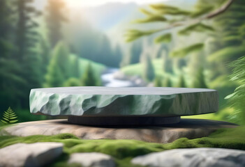 Wall Mural - A 3D illustration of a stone podium on a rock platform with a blurred forest in the background