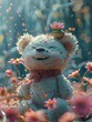 A whimsical frog with a flower crown sits atop a fluffy teddy bear amidst a vibrant field of pink wildflowers, creating a fairy-tale ambiance.