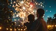 © sorapop - A family gazing in awe at an exploding firework display against a night sky, wonder, tradition, independence, backyard, sparklers, fireworks, AI Generative