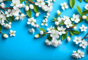 Wall Mural - A flat lay photo of white blooming branches on a blue background with copy space