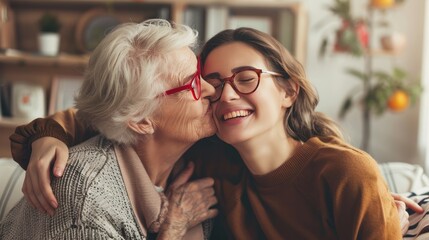 Concept of a happy senior woman with glasses and her adult daughter hugging and kissing in the living room of their home, celebrating Mother's Day.