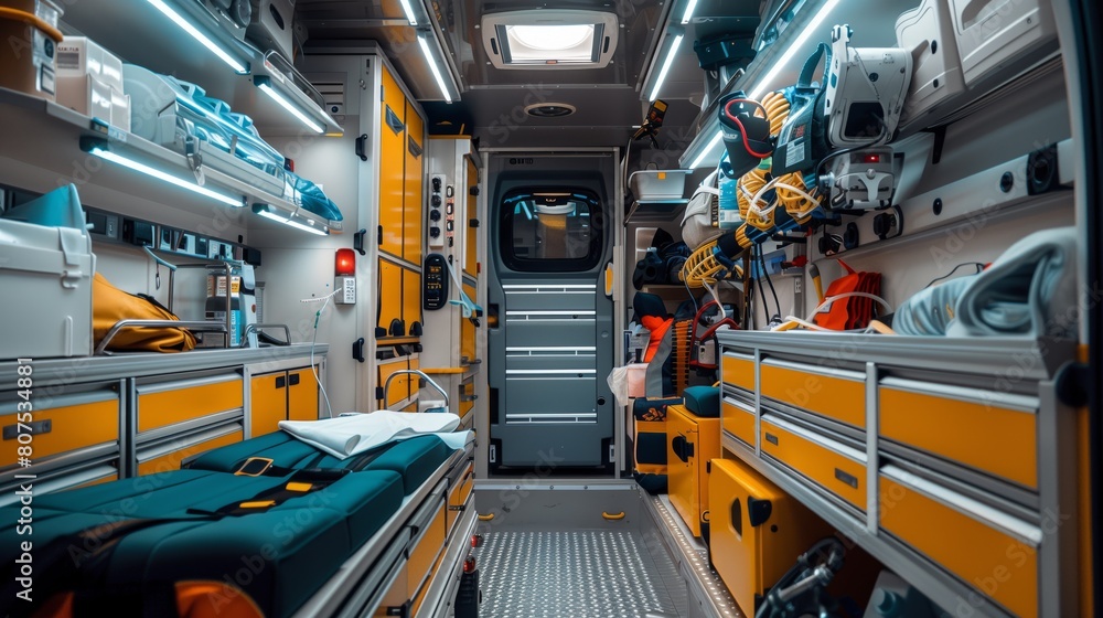Interior of a Fully Equipped Ambulance. Interior view of an ambulance shows a fully equipped emergency vehicle ready to provide medical care during transit.