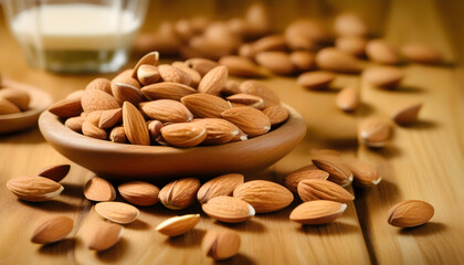 A bowl of organic Almonds on a wooden background, with a bottle of almond oil. 