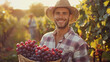 Smiling man wearing a straw hat holding a basket of grapes in vineyard