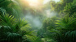 Green jungle with a foggy mist in the background