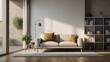 © Interior Only  - Cozy Living Room with Earthy Neutral Tones Modern Decor and Natural Light, beige and dark atmosphere