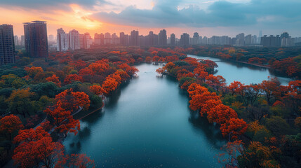 Wall Mural -  Aerial view of West Lake in Hangzhou, China with autumn foliage and city skyline in the background. Created with Ai