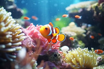 Wall Mural - A colorful clownfish peeks out from its anemone home on a vibrant coral reef
