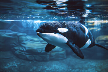 Canvas Print - A playful orca leaps from the blue ocean, its white belly flashing in the sunlight